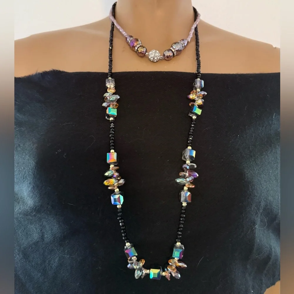 Layered Necklace Rhinestone Black Lavender Crystal Bead Hi-Lo Handmade Designer - Picture 1 of 10